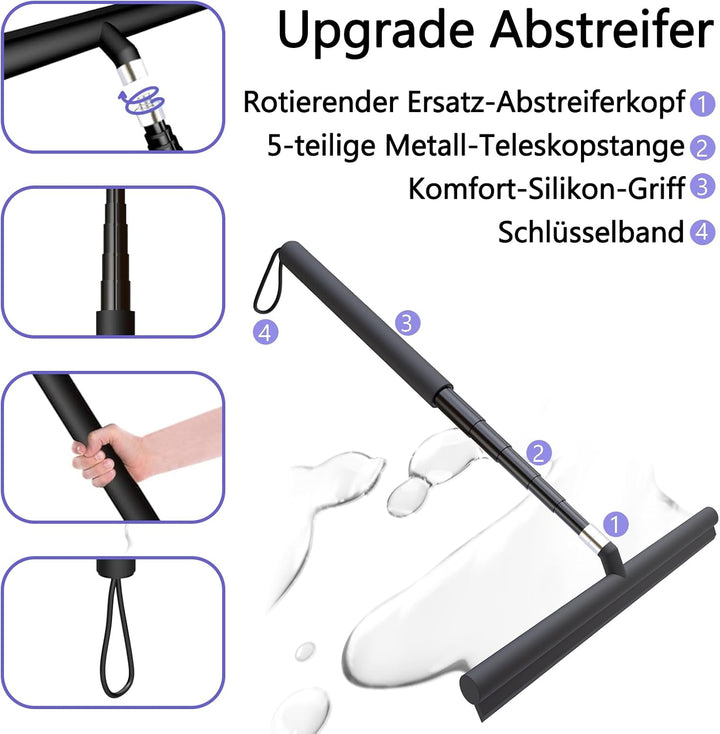 Abzieher Dusche Duschabzieher Langer Stiel Teleskopstiel 2 in 1, 30-120cm | Wasserschieber Duschabzi