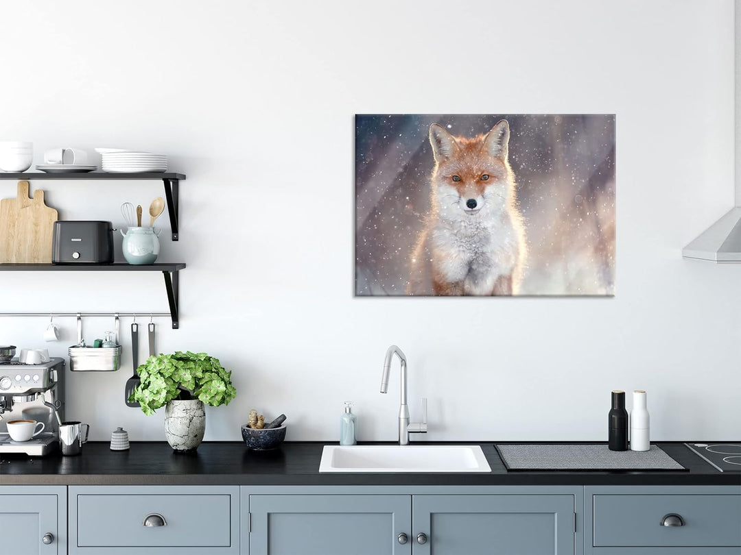Pixxprint Glasbild | Wandbild aus Echtglas | Roter Fuchs im Winter | 80x60 cm | inkl. Aufhängung und