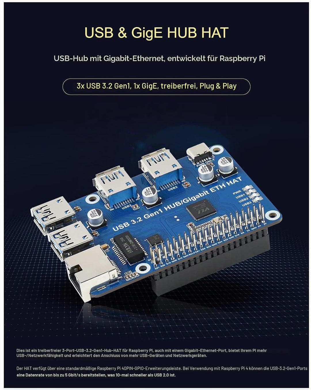 USB 3.2 Gen1 and Gigabit Ethernet HUB HAT for Raspberry Pi Series Board, 3X USB 3.2 Gen1, 1x Gigabit