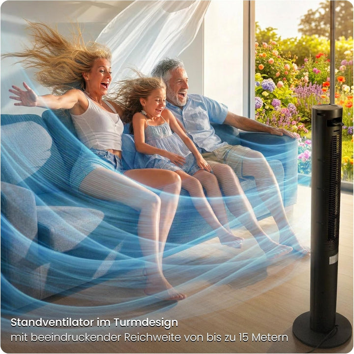 Turmventilator 115cm WiFi Tuya MAX, Ionisator & Duftfach, Orkanartiger 8,5m/s Wind, Nachtlicht, Oszi