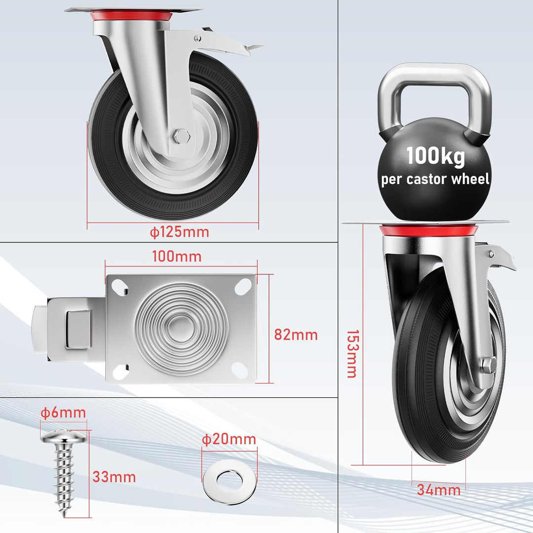 4 Stück Schwerlastrollen 125mm Lenkrollen Transportrollen mit bremse bis 400kg Palettenrollen Rollen