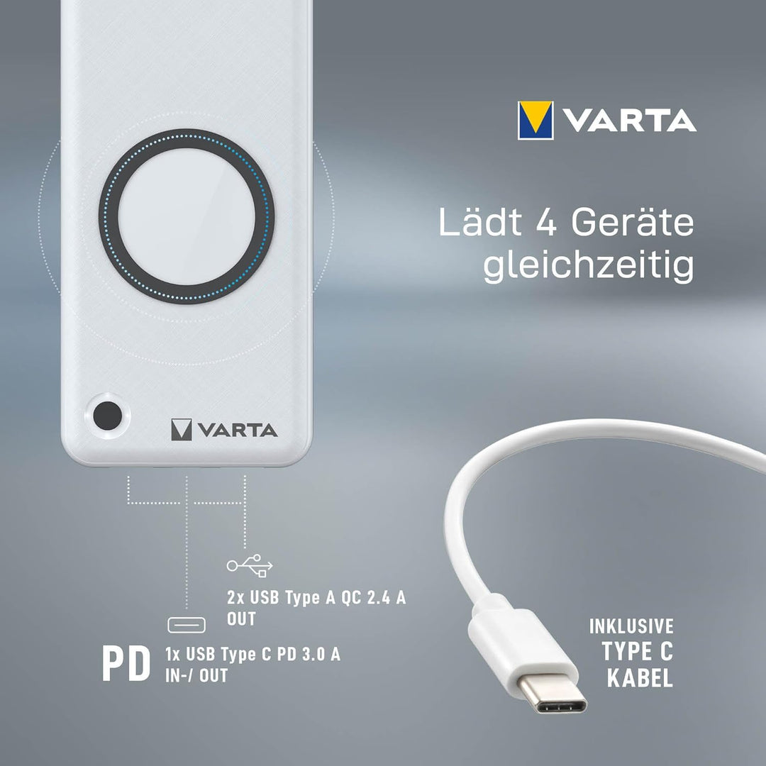VARTA 2 in 1 Power Bank und Wireless Charger, kabelloses Ladegerät, Powerbank 15000mAh, LED Ladestan