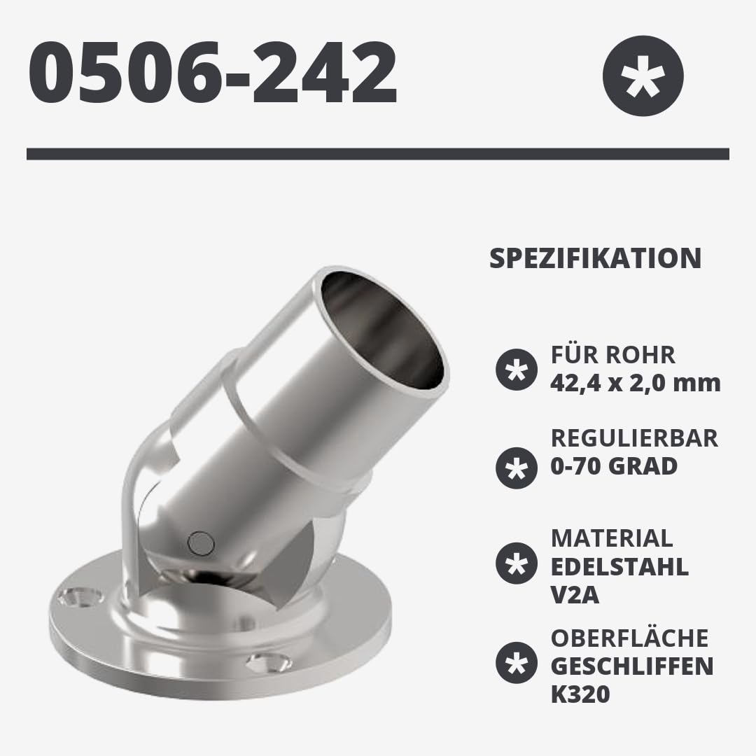 Edelstahl Wandflansch mit Gelenk Ø42,4 mm Steckfitting Geländer Flansch Flexibler Wandanschluss 0 +