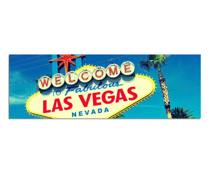 Panoramabild auf Leinwand und Keilrahmen 150x50cm Las Vegas Schild Reklame Himmel Palmen