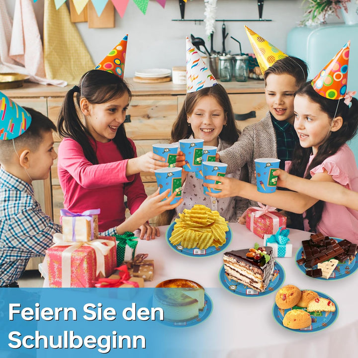 Einschulung Partygeschirr Set, 80pcs Schulanfang Pappgeschirr mit Pappteller Pappbecher Servietten f
