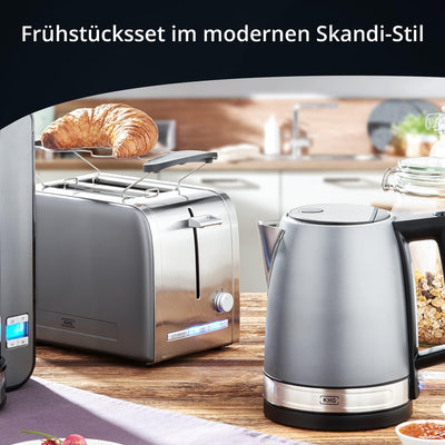 KHG Frühstücksset Wasserkocher & Toaster, Skandi Look Grau Edelstahl, 1,7 Liter & 2 Toast Scheiben,