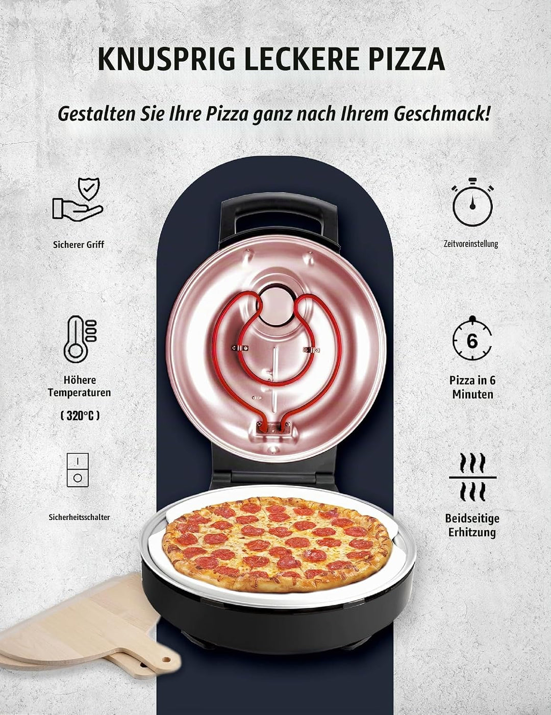Bestron Pizzaofen für knusprige Pizzen in 5-10 Minuten, elektischer Pizzaofen mit bis zu echten 320°