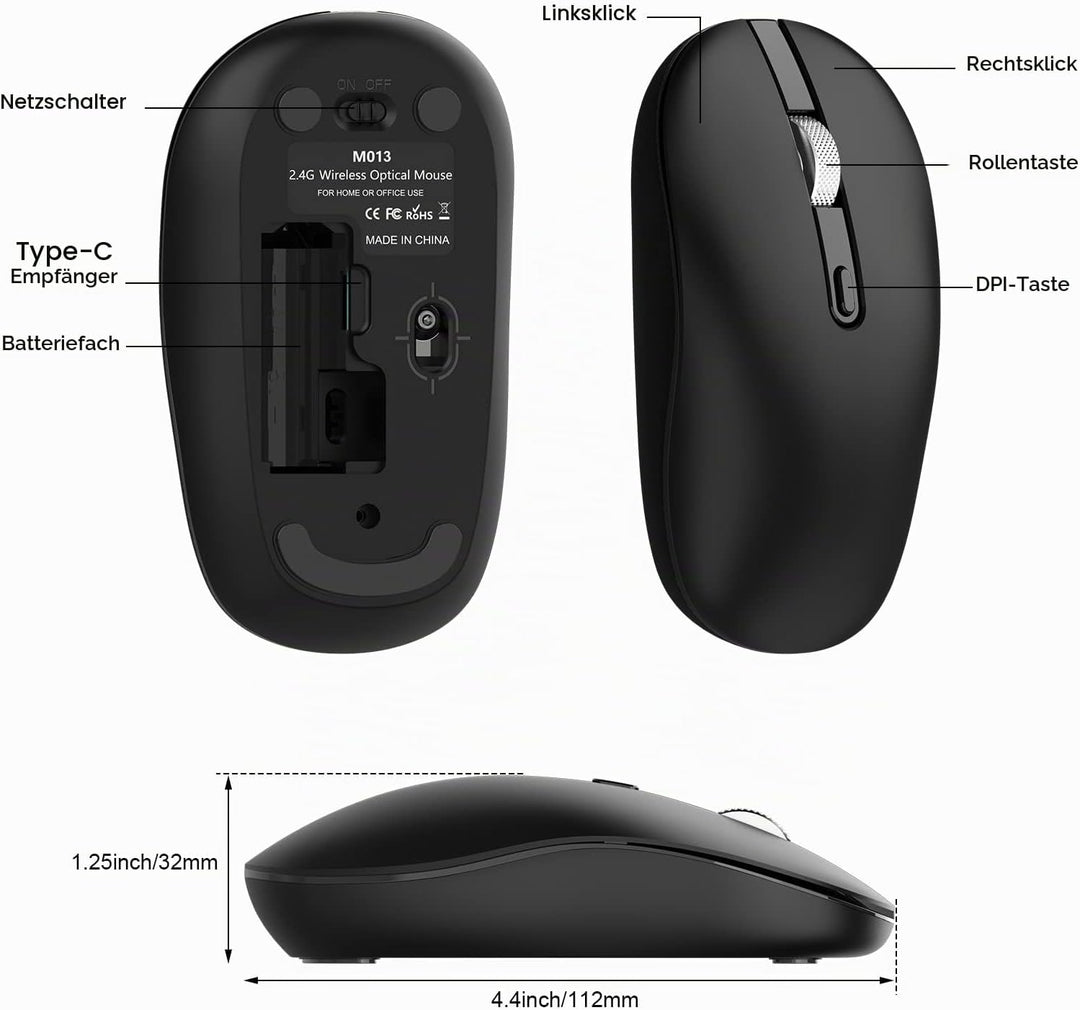 cimetech Maus Kabellos USB C, Slim Beidhändig 2.4G Leise Mini Maus Kabellos 3 DPI Einstellbar Silent