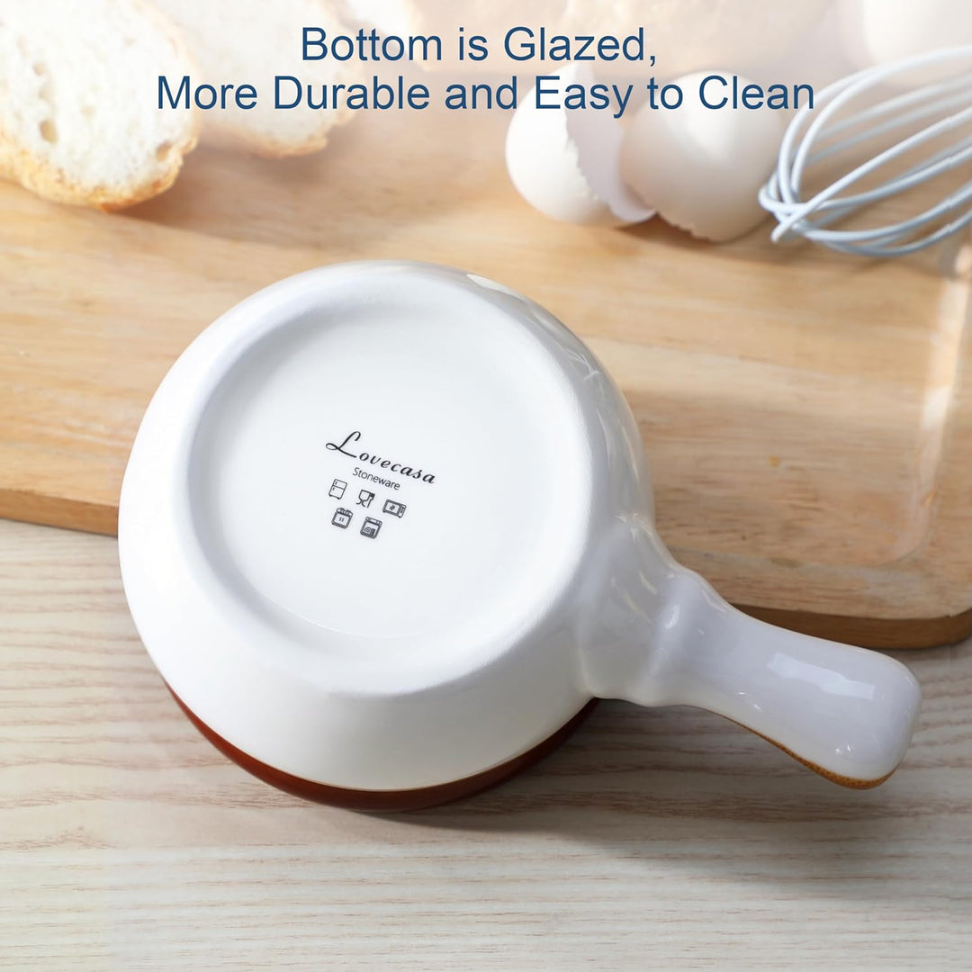 LOVECASA Französische Zwiebel, French Onion Soup Crocks, 4 Stück Steingut Zwiebelsuppe Schalen Set,