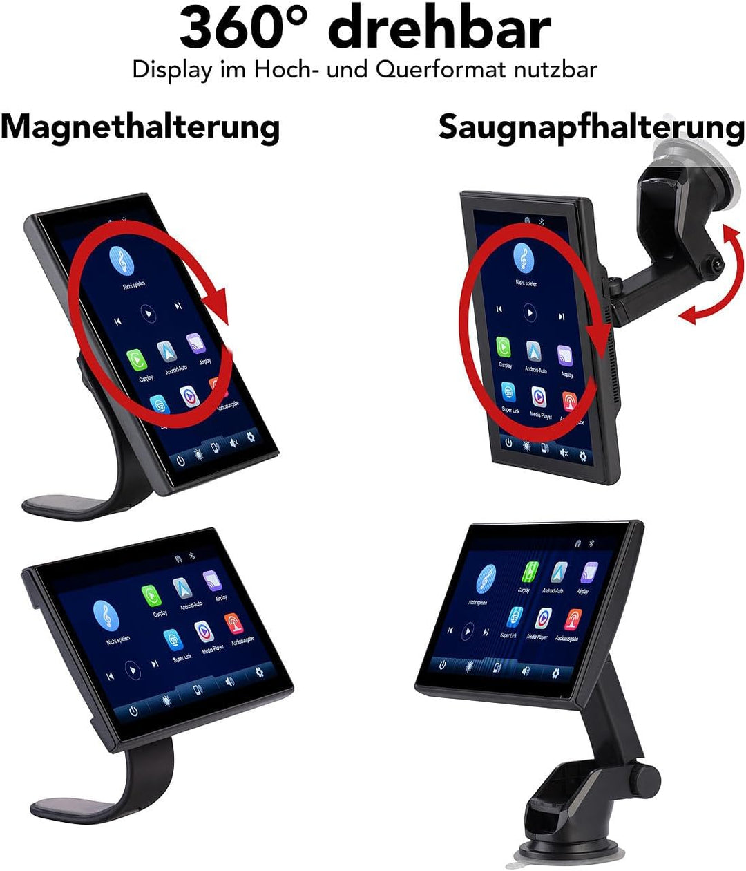 Lescars Navigation: IPS-HD-Touchscreen, 7"/17,8 cm, für Apple CarPlay &amp; Android Auto, 360° (Apple Ca