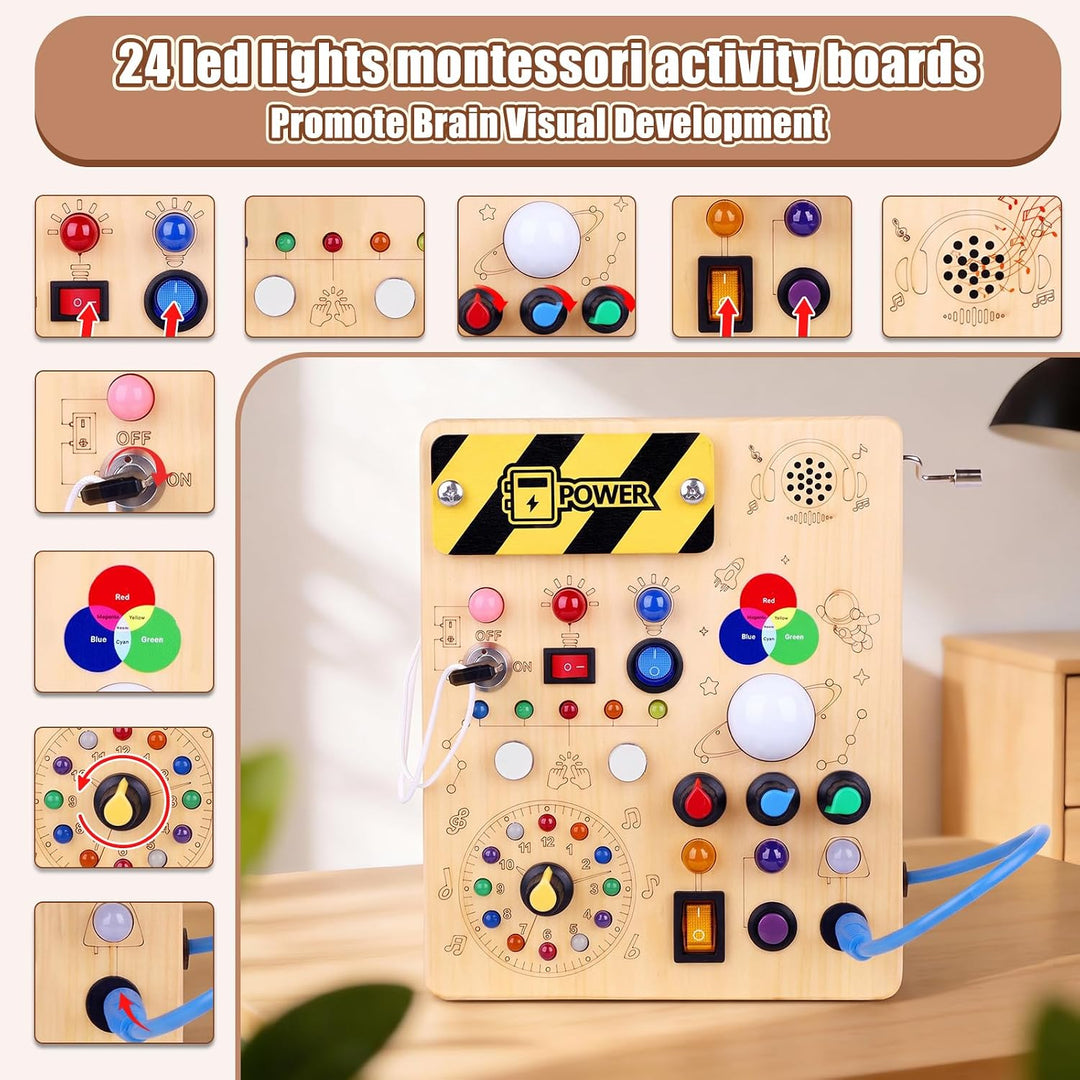 Konijiwa Montessori Busy Board Spielzeug ab 1 Jahr Activity Board Holzspielzeug mit 12 Schalter 24 L