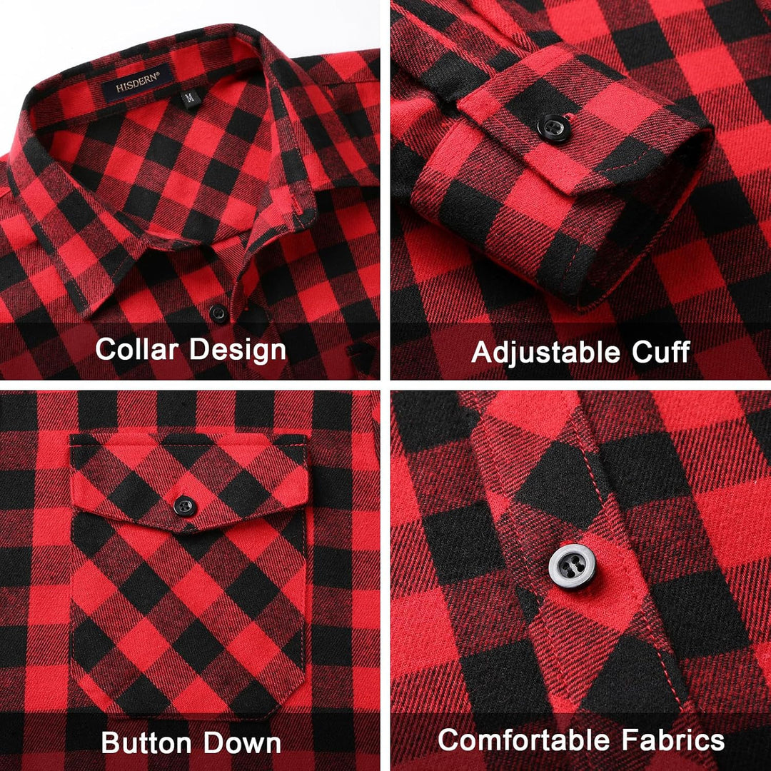 HISDERN Herren Hemd Checked Flanell Shirt, Herren Langarm Oberteil für Männer mit Brusttaschen, Butt