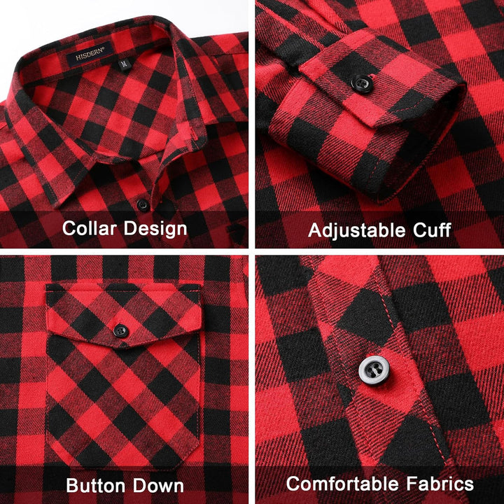HISDERN Herren Hemd Checked Flanell Shirt, Herren Langarm Oberteil für Männer mit Brusttaschen, Butt