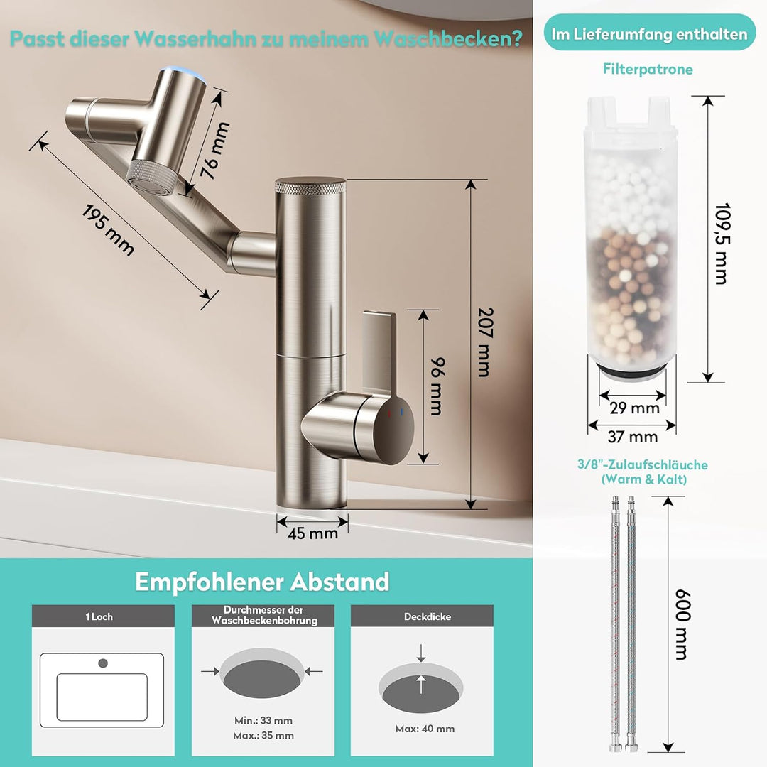 KAIYING 1080° Drehbare Wasserhahn Bad mit Filter &amp; Temperaturanzeige Gebürstetes Nickel LK2915D mit
