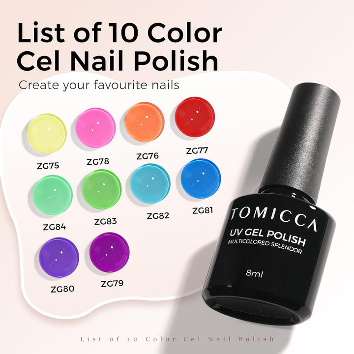 TOMICCA UV Nagellack Neon Set, 10 Farben Orange Gelb Rosa Grün Blau Violett Soak-Off Gel Nagellack U