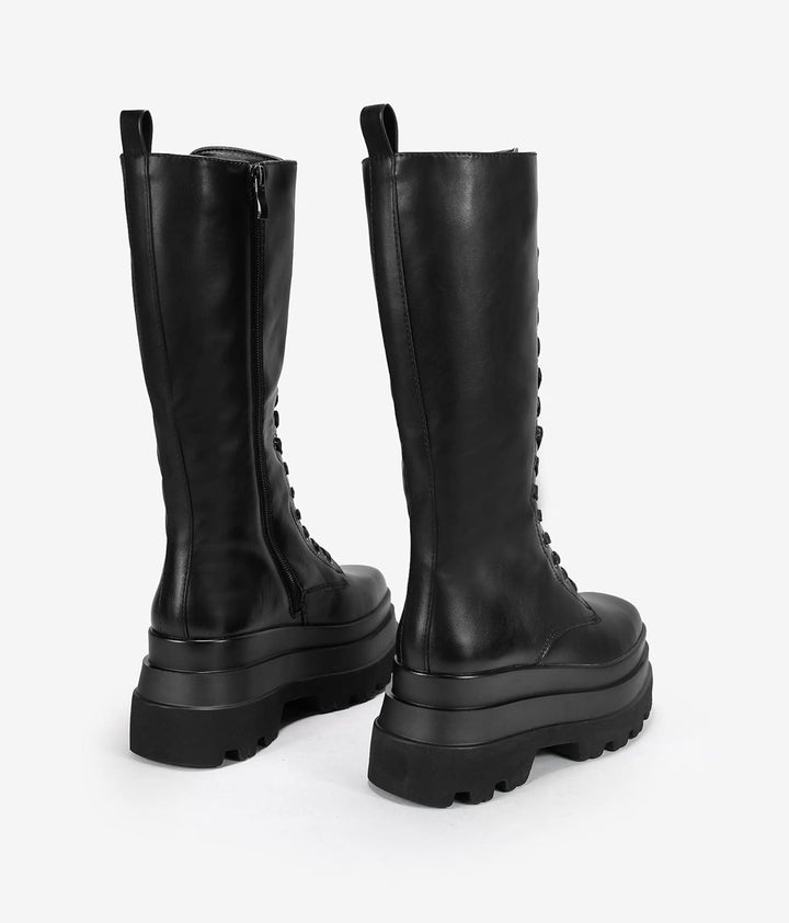 BOSANOVA Militärstiefel mit hohem Schaft aus veganem Leder mit doppelter Plattform und Track-Sohle,