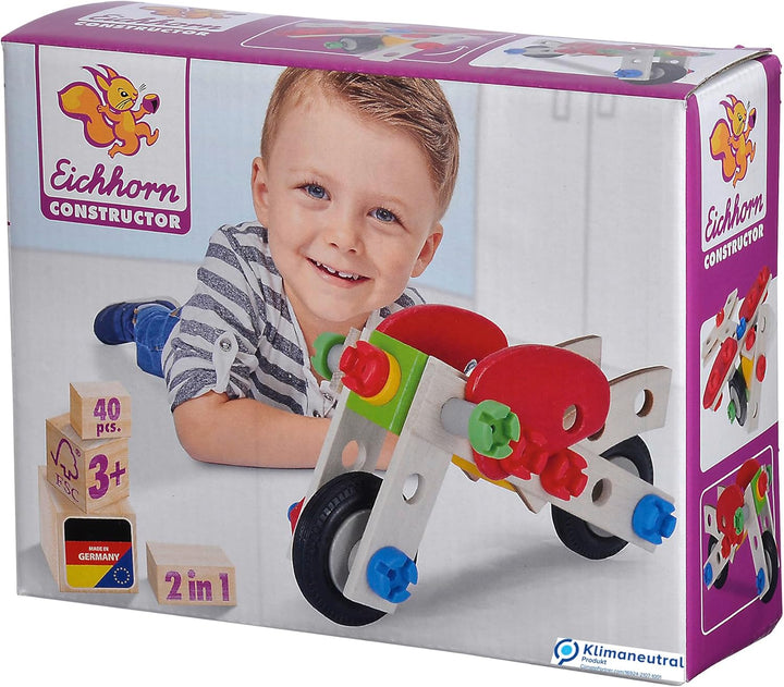 Eichhorn 100039012 - Constructor Motorrad, 40-TLG., Holz-Konstruktions-Set, 2 Verschiedene Modellvar