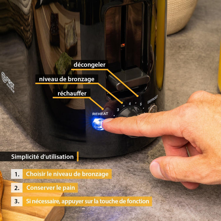 TZS First Austria Doppel Kurzschlitz Toaster, 2 Scheiben, schwarz, 750W, 7 Stufen, Warmhalte- und Au