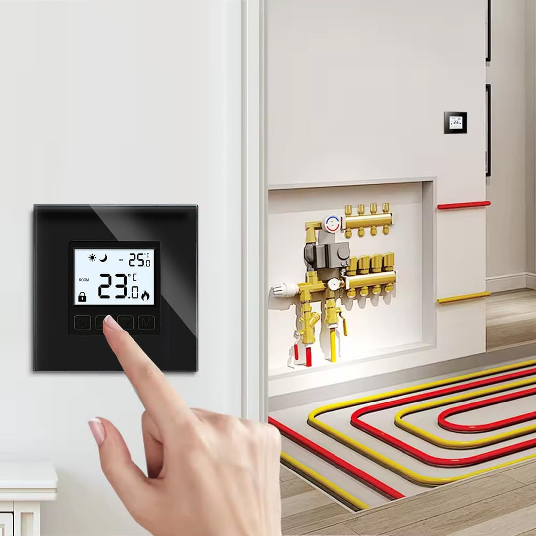 Luxus Time Programmierbares Raumthermostat Schwarz – Glas Aluminium Rahmen Externer Sensor Wasserfüh