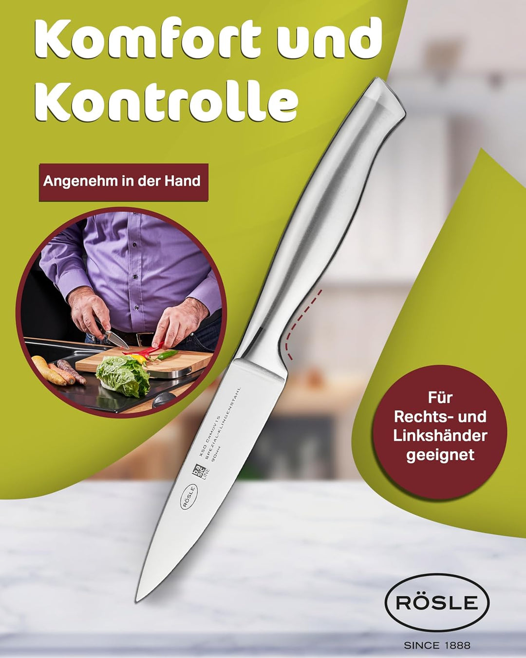 RÖSLE Spickmesser Basic Line 9cm - Hochwertiges Messer für Garnieren und Spicken von Fleisch, Küchen