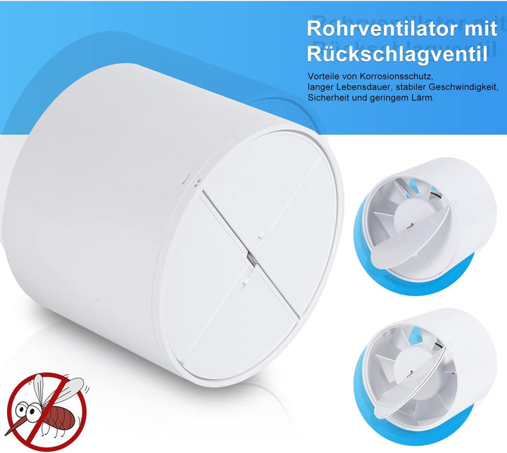 Rohrventilator 100 mm Inline Abluftventilator 130 m3/h Rohrlüfter mit Rückstauklappe und EU-Stecker,