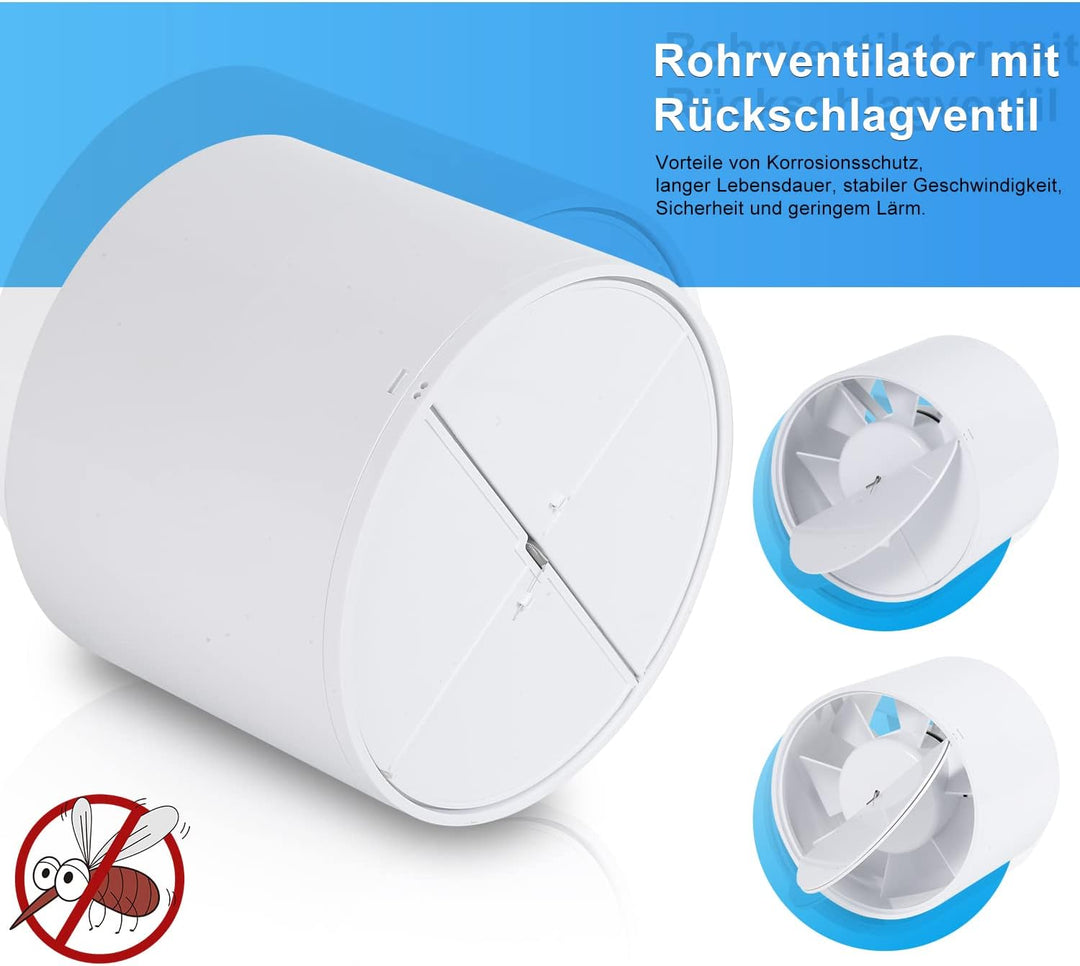 Rohrventilator 150mm mit Rückstauklappe – Starker 320m³/h Abluftventilator für Bad, WC, Küche, Gewäc