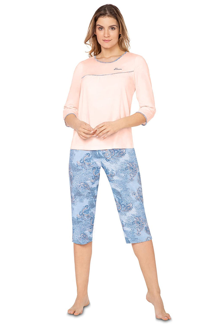 Damen Schlafanzug Nicole II 870 aus 50% Baumwolle und 50% Modal, Lachs/Druck