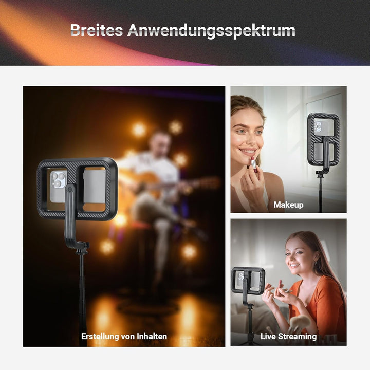 NEEWER Basics 10W Selfie Licht mit Stativ, 1200mAh LED Quadrat Ringlicht, 72" Selfie Stick Handyhalt
