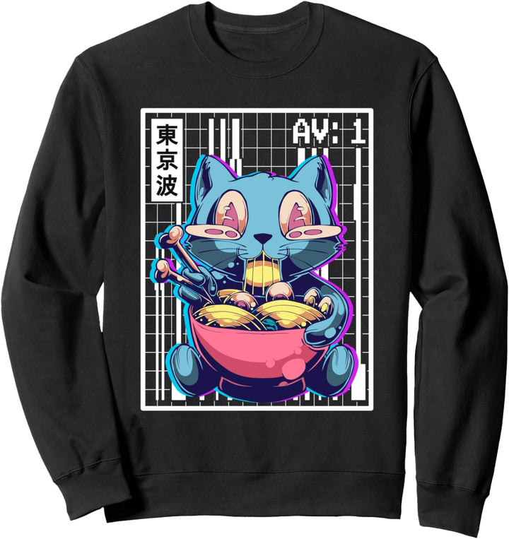 Weirdcore Katzen-Ramen-Gitter Vaporwave Ästhetische Pastell-Goth Sweatshirt