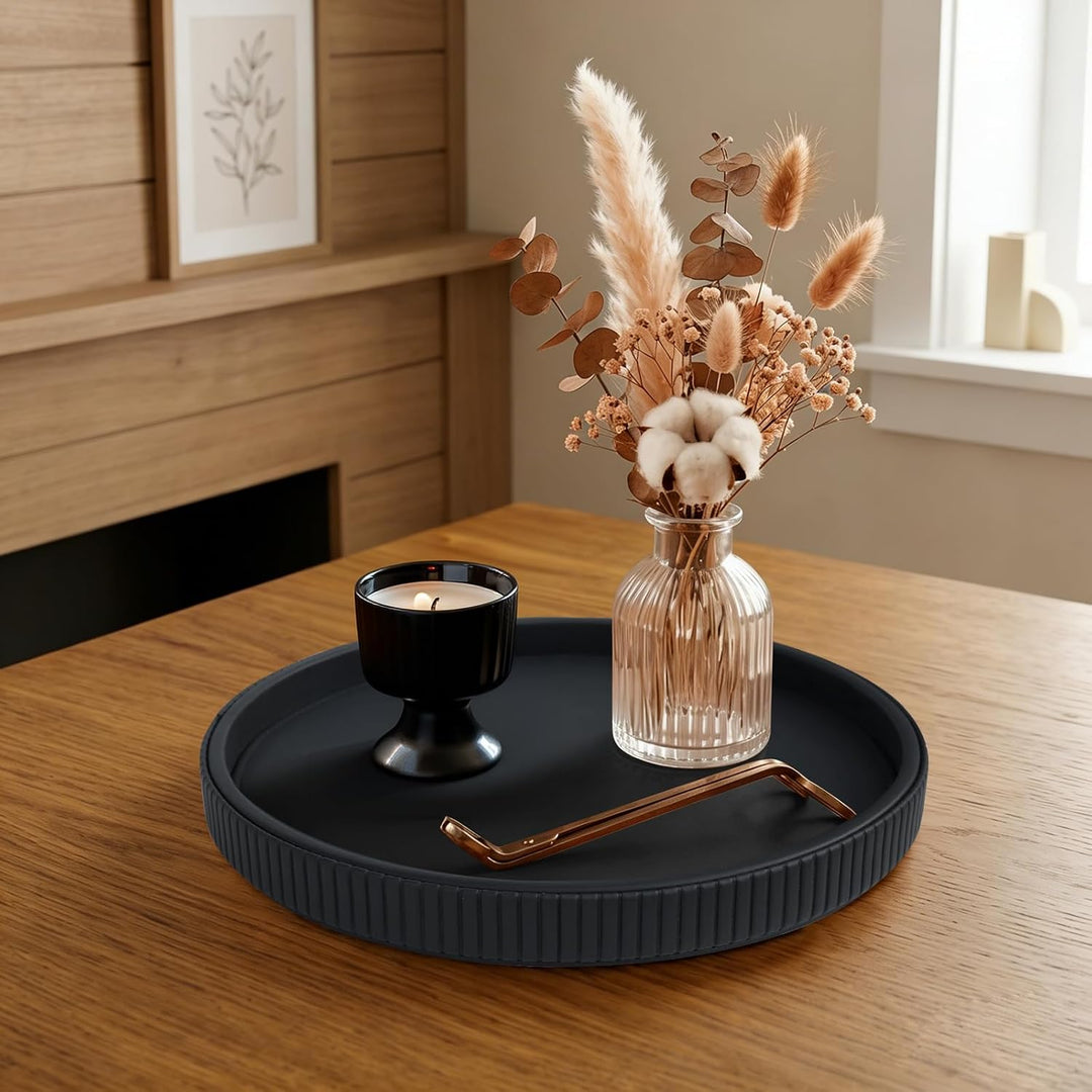 HofferRuffer Round Serving Tray, Leather Decorative Tray 30cm,Black Schwarz, Schwarz