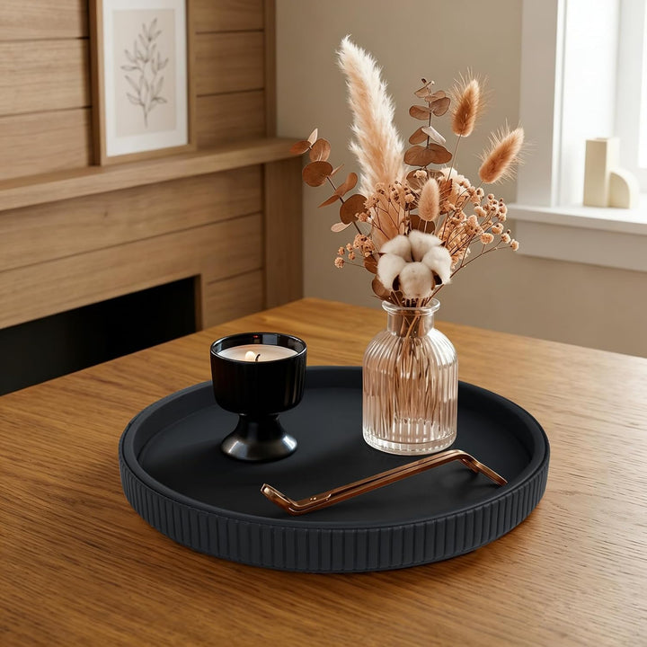 HofferRuffer Round Serving Tray, Leather Decorative Tray 30cm,Black Schwarz, Schwarz