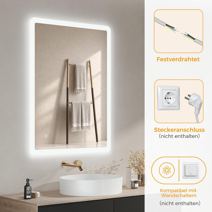 IMPTS Badspiegel mit Beleuchtung 60x50cm LED Spiegel Bad Dimmbar | Badezimmerspiegel mit Touchschalt