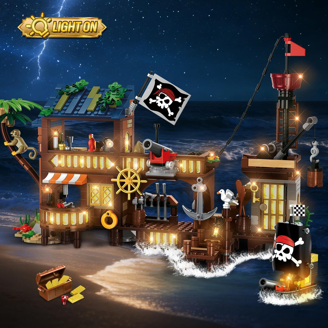 HOGOKIDS Piratenhafen Bauset mit LED, 3 Darstellungsmodi Piratenschiff-Haus-Bauspielzeug, kreatives