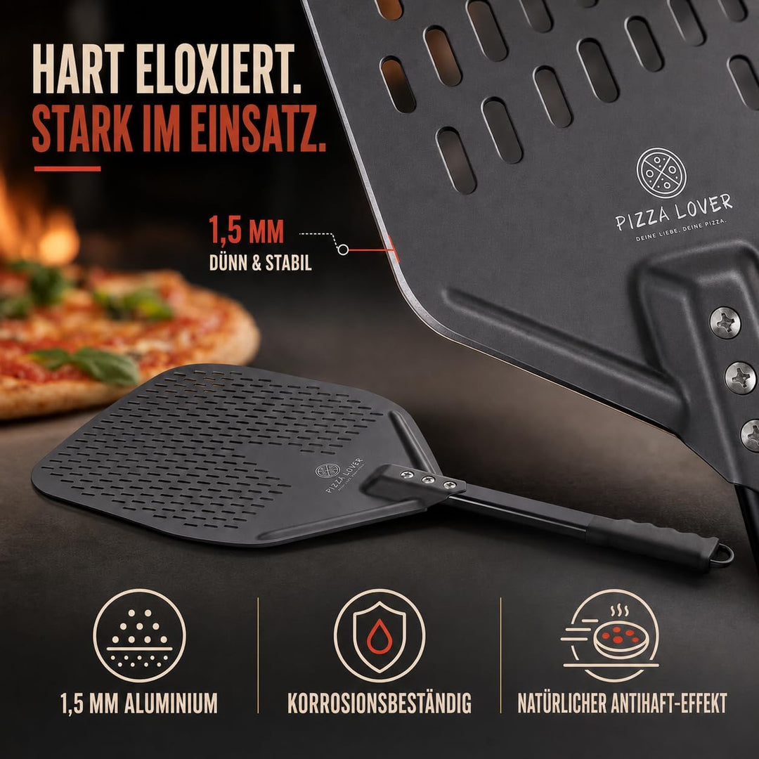 Pizza Lover® hochwertiger Pizzaschieber perforiert 30 x 30 cm Pizzaschaufel aus harteloxiertem Alumi