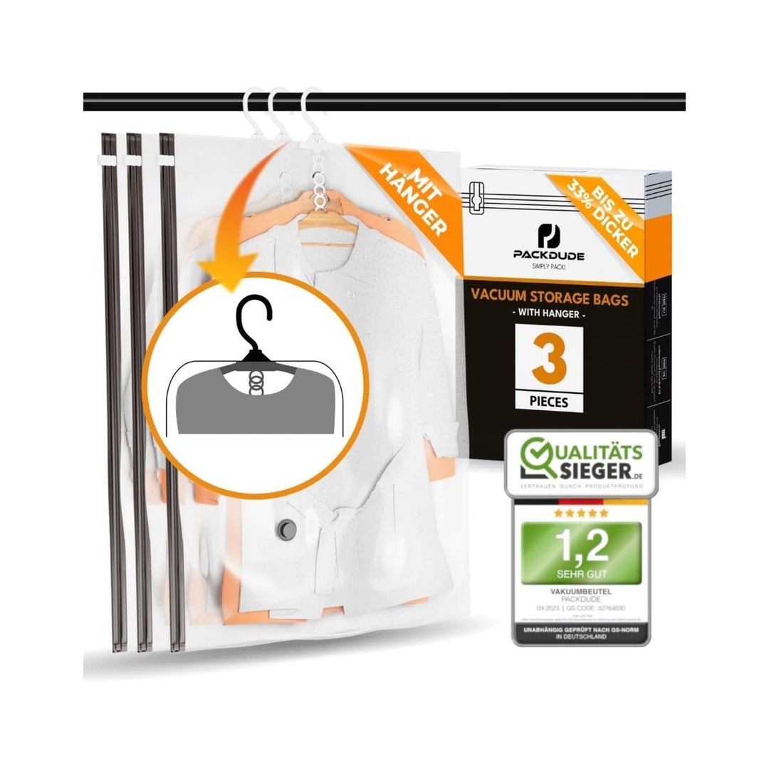 PACKDUDE® Hängende Vakuumbeutel für Kleidung (mit Haken) I 3 STÜCK I Grösse XL: 100x70cm I Grosse Va