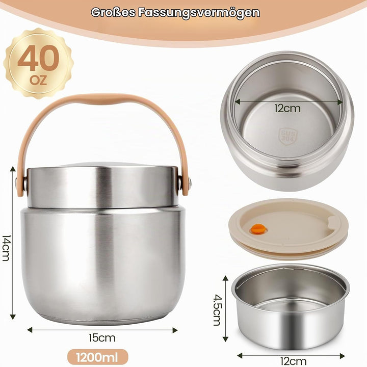 Thermobehälter für Essen 1200ml, Essensbehälter, Silber, Silber