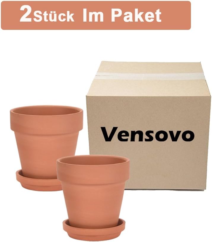 vensovo 20 cm Tontopf für Pflanzen mit Untersetzer, 2 Stück, grosser Terrakotta-Blumentopf mit Ablau