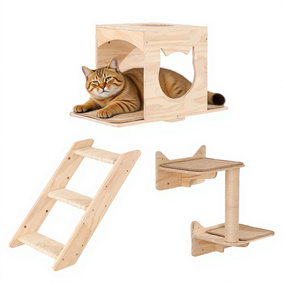 Set von Wandregalen für Katzen, mit Haus, Sisal-Kratzbaum, Kletterstufen, aus massivem Holz, für den