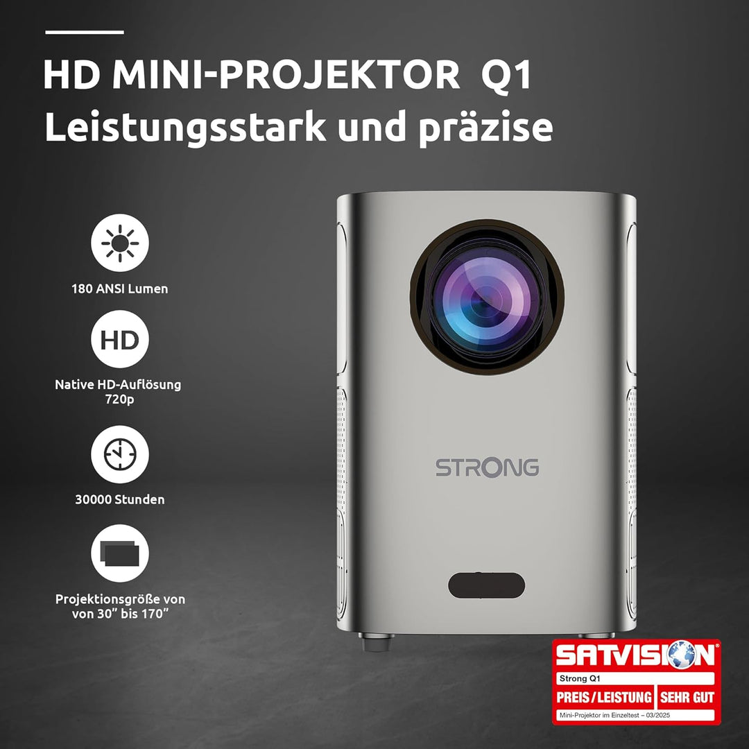 STRONG - Q1 Mini Projektor - Taschenbeamer - 35-120 Zoll - WLAN & Bluetooth - mit Stereo-Lautspreche
