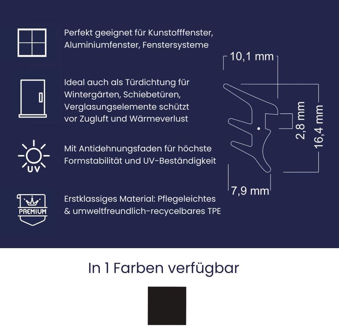 Fensterdichtung für Fenster-Systeme, Verglasungsdichtung für Aussenbereich mit Antidehnungsfaden für