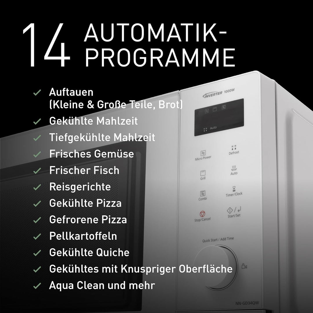 Panasonic NN-GD34QWEPG 29L Grill-Mikrowelle, 1000 W, automatisches Auftauen, Kombinationsgaren, Time