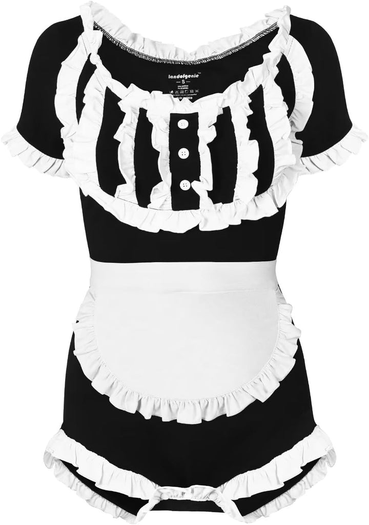 Landofgenie Damen Schwarz Langarm Baumwolle Bodysuit Onesie Pyjamas Maid Outfit Schwarz S, Schwarz S