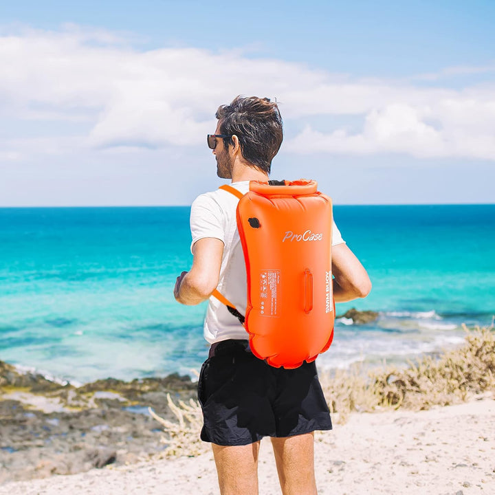 ProCase Schwimmboje Doppelairbags mit 35L Trockensack, Swim Buoy Aufblasbar Boje mit Schultergurt, S