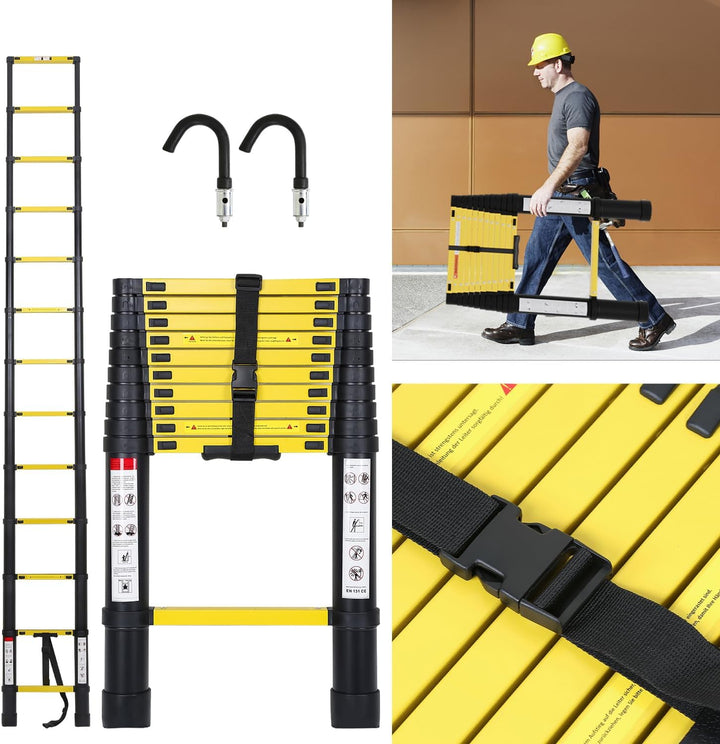 Eulenke 3,2M Teleskopleiter - Rutschfester Aluminium Multifunktionsleiter mit 2 Haken - Ausziehleite