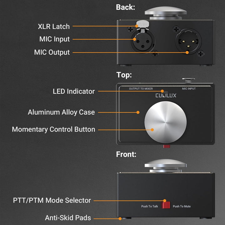 Cubilux XLR Mikrofon Stummtaste mit Momentfunktion, umschaltbar zwischen Push to Talk (PTT) und Push