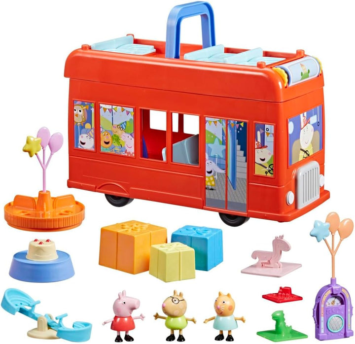 Peppa Pig Peppas 2-in-1 Party Bus Playset, Spielzeugauto mit vielen Accessoires und 3 beweglichen Fi