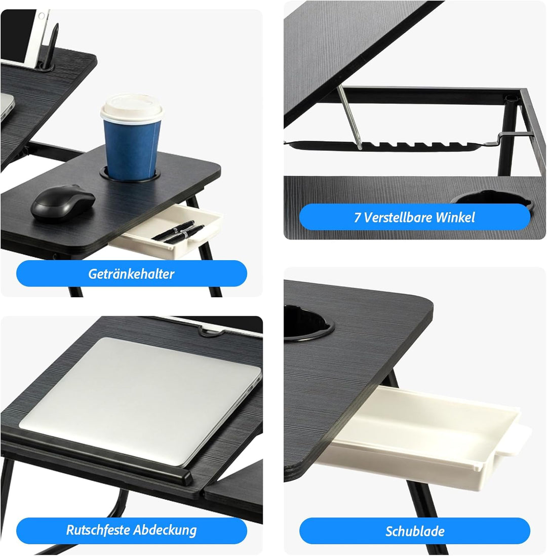 Faltbarer Laptoptisch, höhenverstellbarer Laptop-Tisch mit Getränkehalter & Lesepult, tragbarer Bett