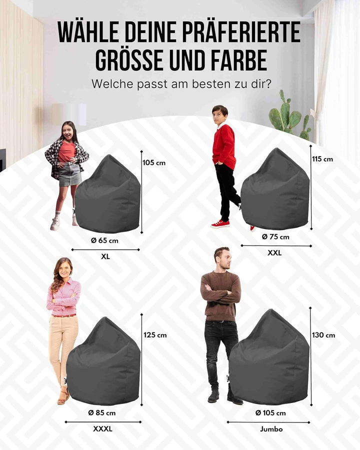 PATCH HOME Sitzsack Tropfenform - 3 Grössen - 25 Farben XL - Höhe 105cm, Durchmesser 65cm Anthrazit,