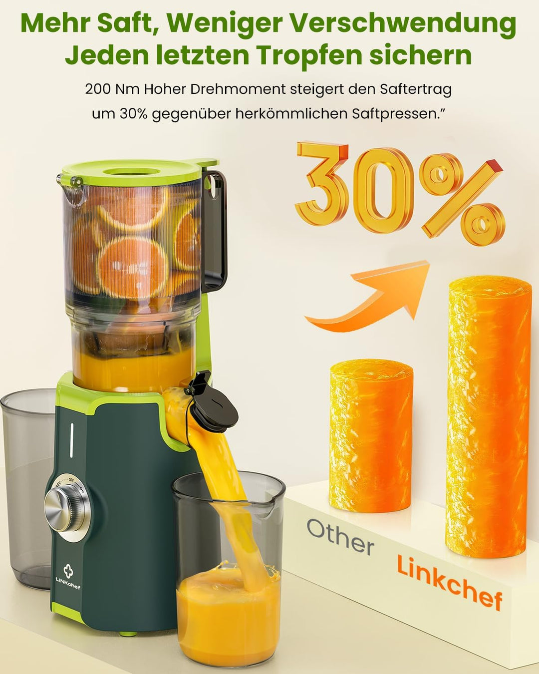 LINKChef Blitzreiniger Entsafter, NO-Prep Slow Juicer für Ganze Gemüse und Obst, Juicer Machine mit
