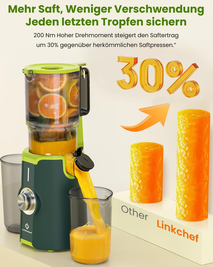 LINKChef Blitzreiniger Entsafter, NO-Prep Slow Juicer für Ganze Gemüse und Obst, Juicer Machine mit